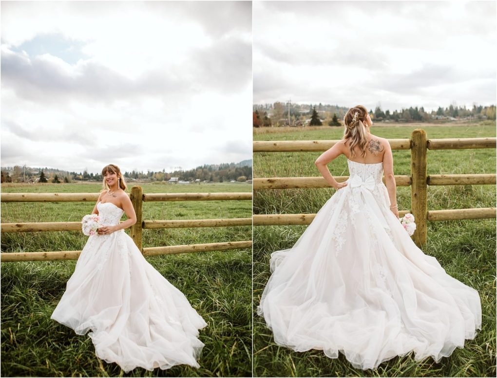 Premier snohomish & seattle wedding photographer | gsquared weddings photography a bride in a white strapless gown stands in front of a wooden fence in a grassy snohomish field holding a bouquet The left image shows her smiling at the camera the right reveals her shoulder tattoo perfect for a seattle wedding or engagement session | serving snohomish seattle                   & beyond