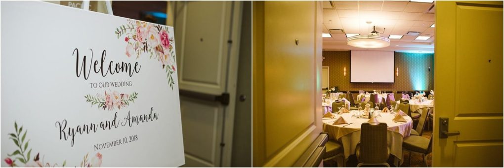 Premier snohomish & seattle wedding photographer | gsquared weddings photography a floral wedding welcome sign reads welcome to our wedding ryan and amanda november 11 2018 near an open door showing a beautifully decorated snohomish banquet room with round tables set for a seattle engagement reception | serving snohomish seattle                   & beyond