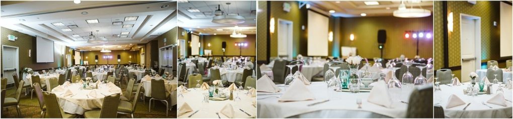 Premier snohomish & seattle wedding photographer | gsquared weddings photography four photos of a snohomish banquet hall set up for a seattle wedding or engagement with round tables covered in white tablecloths neatly folded napkins elegant centerpieces and rows of chairs in a spacious well lit room | serving snohomish seattle                   & beyond