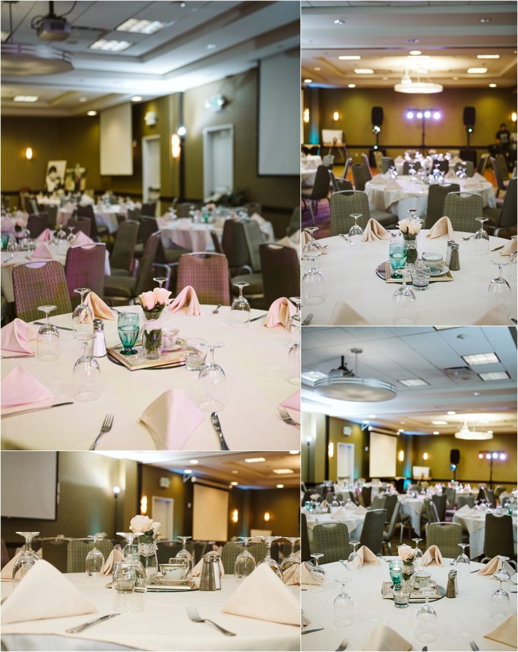 Premier snohomish & seattle wedding photographer | gsquared weddings photography a snohomish banquet hall set up for a seattle wedding or engagement with round tables covered in white tablecloths pink napkins glassware and small floral centerpieces under soft warm lighting | serving snohomish seattle                   & beyond