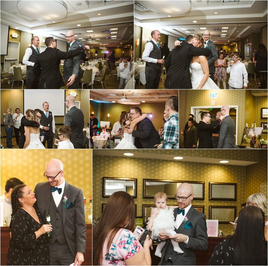 Premier snohomish & seattle wedding photographer | gsquared weddings photography a collage of snohomish wedding reception moments shows a groom in a gray suit dancing hugging guests and holding a baby in a white dress Family and friends celebrate seattle style joy in a warmly lit banquet hall | serving snohomish seattle                   & beyond