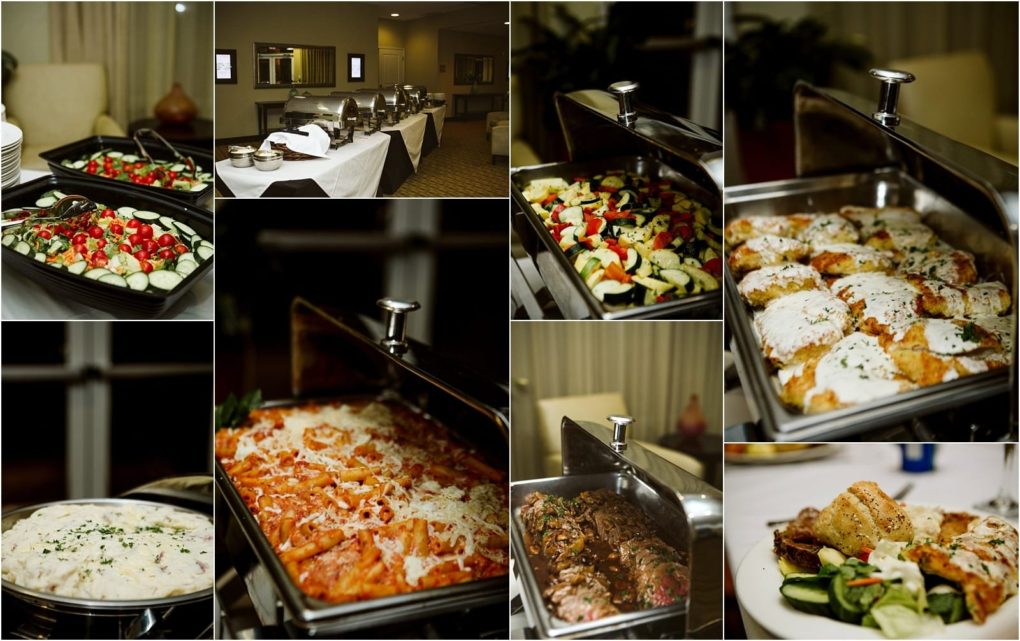 Premier snohomish & seattle wedding photographer | gsquared weddings photography a collage shows a buffet spread at a snohomish seattle wedding featuring salad roasted vegetables chicken in white sauce baked pasta rice grilled meat and dessertall beautifully served in chafing dishes | serving snohomish seattle                   & beyond