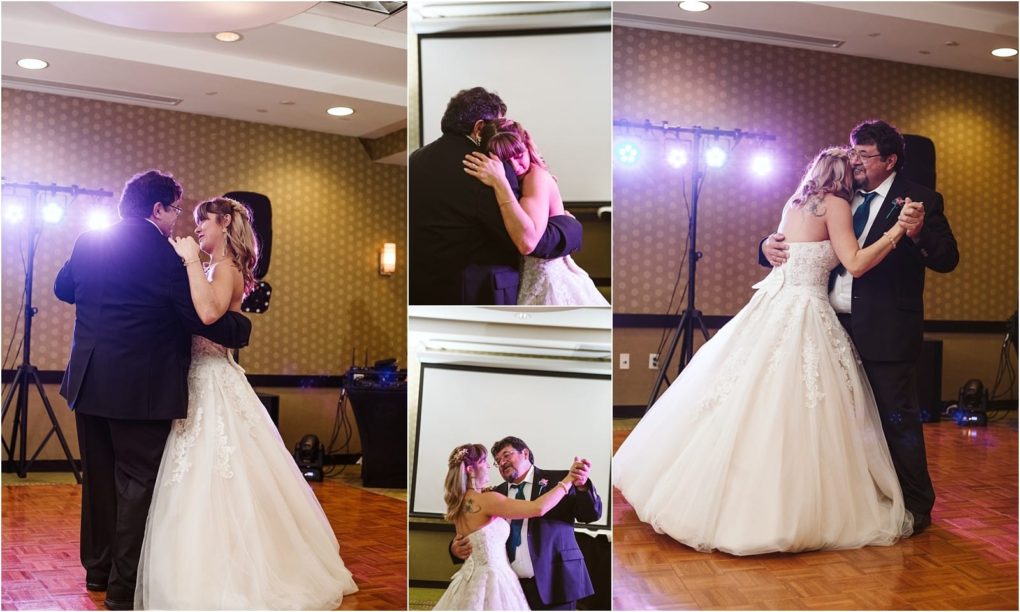 Premier snohomish & seattle wedding photographer | gsquared weddings photography four photos capture a snohomish bride in a white gown dancing with an older man at her seattle wedding reception They smile and embrace on a wooden dance floor surrounded by soft lighting in the background | serving snohomish seattle                   & beyond