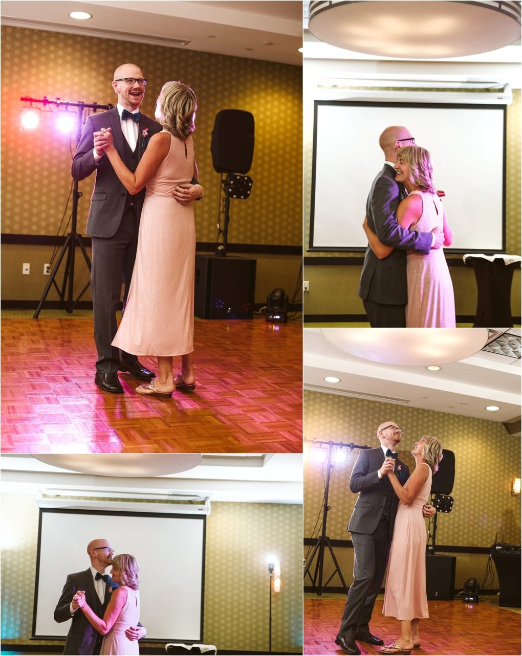 Premier snohomish & seattle wedding photographer | gsquared weddings photography a man in a suit and a woman in a blush pink dress dance together on a wooden floor at a formal snohomish seattle wedding smiling and embracing under warm lighting in a beautifully decorated indoor venue | serving snohomish seattle                   & beyond