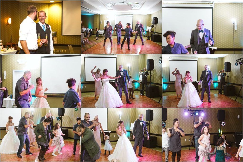 Premier snohomish & seattle wedding photographer | gsquared weddings photography a collage of snohomish wedding reception photos shows guests including the bride and groom dancing and celebrating on the dance floor in a warmly lit event space People of all ages are enjoying the festivities together | serving snohomish seattle                   & beyond