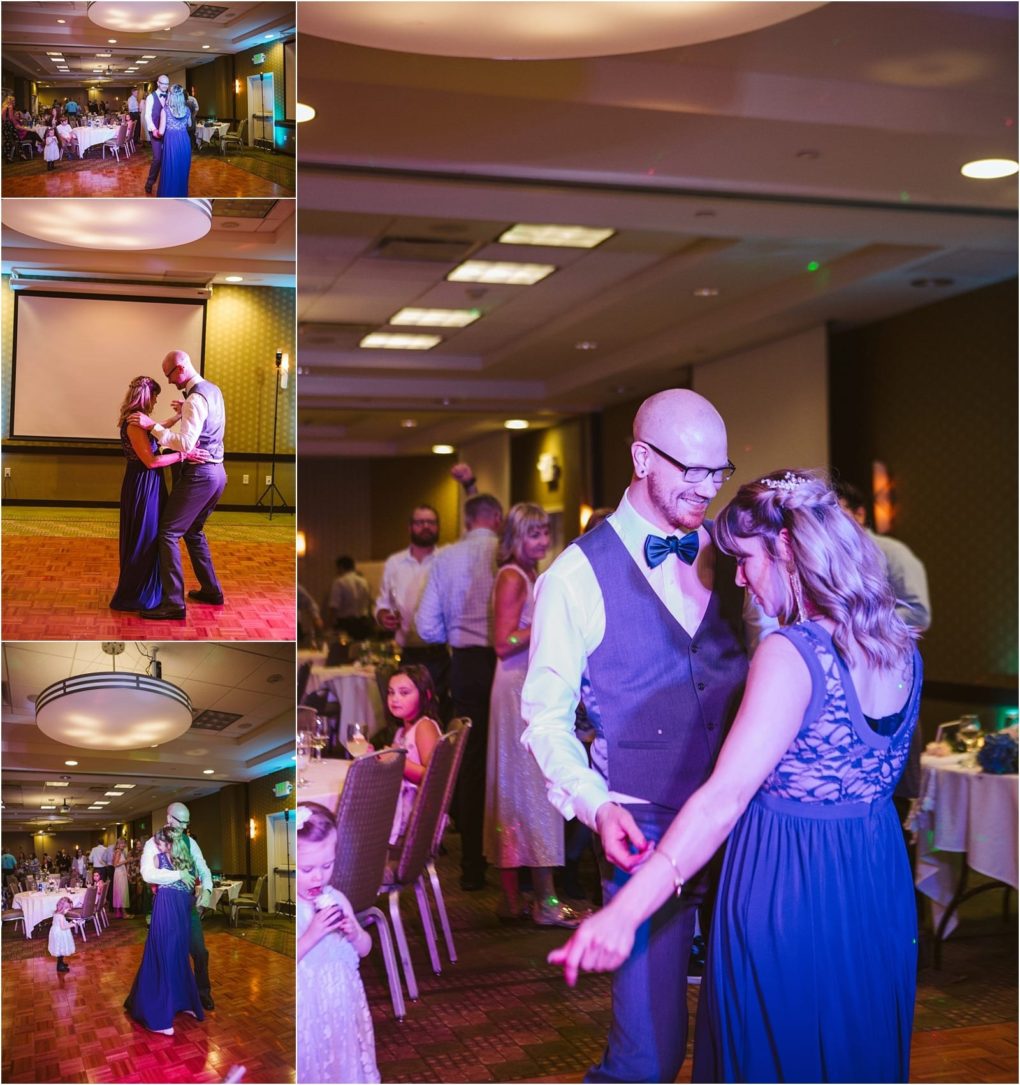Premier snohomish & seattle wedding photographer | gsquared weddings photography a man and woman dressed formally dance together at a snohomish wedding reception in a banquet hall smiling and enjoying the moment Other guests watch and celebrate at decorated tables in the background | serving snohomish seattle                   & beyond