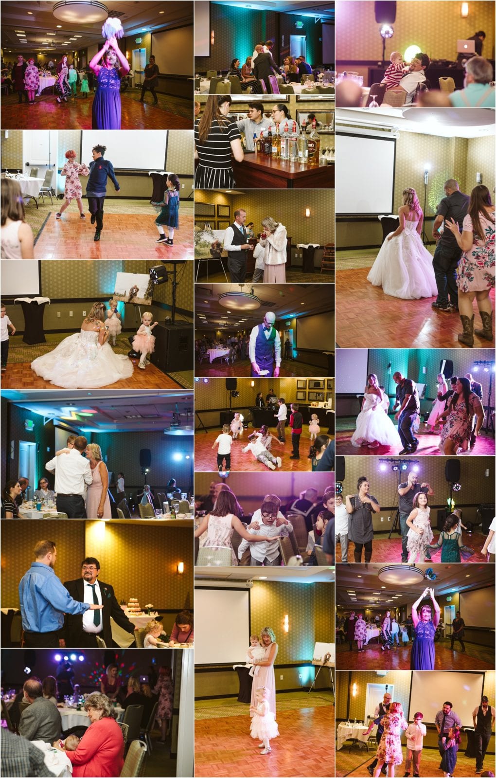 Premier snohomish & seattle wedding photographer | gsquared weddings photography a collage of snohomish wedding reception photos shows guests dancing children playing people mingling at tables and the bride enjoying the celebration in a warmly lit banquet hall near seattle | serving snohomish seattle                   & beyond