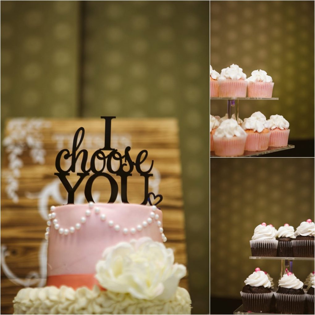 Premier snohomish & seattle wedding photographer | gsquared weddings photography a tiered cake with an i choose you topper decorated with pearls and a white flower is displayed next to trays of pink frosted and chocolate cupcakesperfect for a snohomish or seattle wedding engagement celebration | serving snohomish seattle                   & beyond