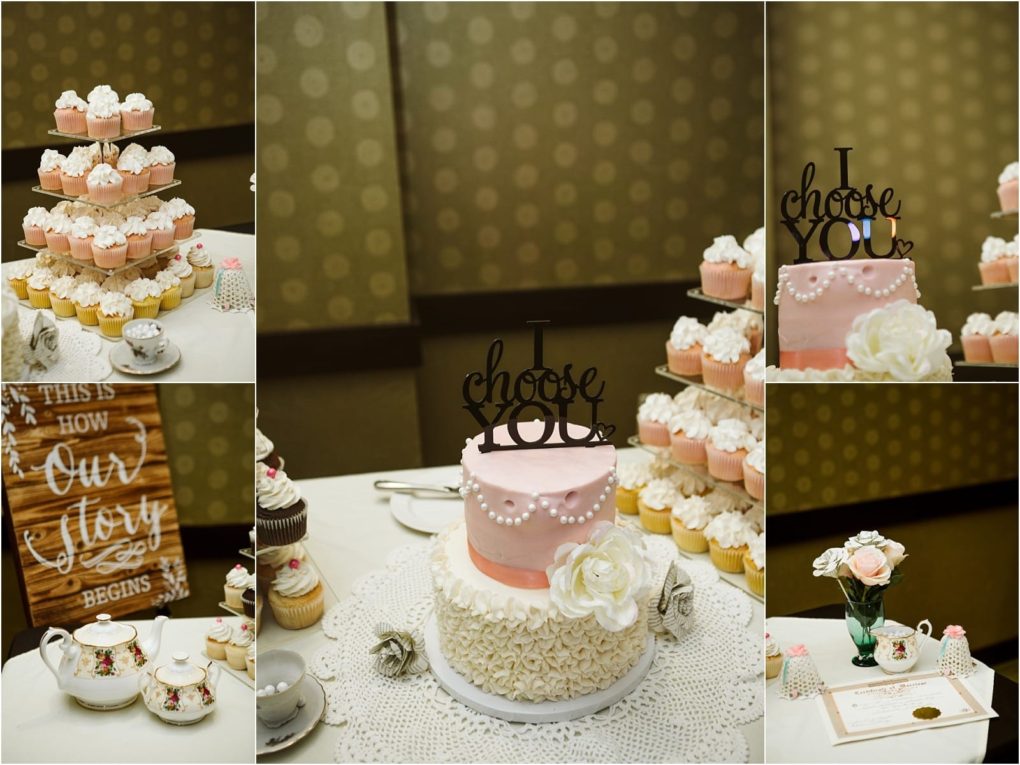 Premier snohomish & seattle wedding photographer | gsquared weddings photography a collage of snohomish and seattle wedding dessert table images featuring a pink and white cake with an i choose you topper cupcakes tea sets roses and a wooden sign reading this is how our story begins | serving snohomish seattle                   & beyond