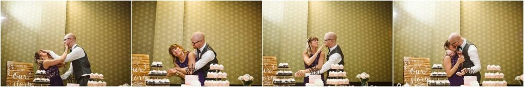 Premier snohomish & seattle wedding photographer | gsquared weddings photography a four panel sequence shows a couple playfully feeding each other cake at their snohomish wedding celebration They laugh smear cake on each others faces and share a kiss surrounded by a beautiful display of desserts | serving snohomish seattle                   & beyond