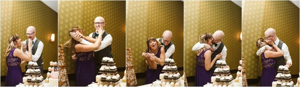 Premier snohomish & seattle wedding photographer | gsquared weddings photography four panel photo of a couple at a snohomish wedding laughing and playfully feeding each other cake by the dessert table The woman wears a purple dress the man is in a vest and tie They finish with a joyful hug and kiss | serving snohomish seattle                   & beyond