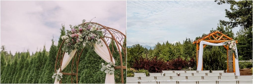 Premier snohomish & seattle wedding photographer | gsquared weddings photography two outdoor wedding arches in snohomish the left is a metal arch with white fabric and pink flowers the right is a wooden arch with white flowers and empty white chairs all set amidst seattle area greenery and treesperfect for your wedding or engagement | serving snohomish seattle                   & beyond