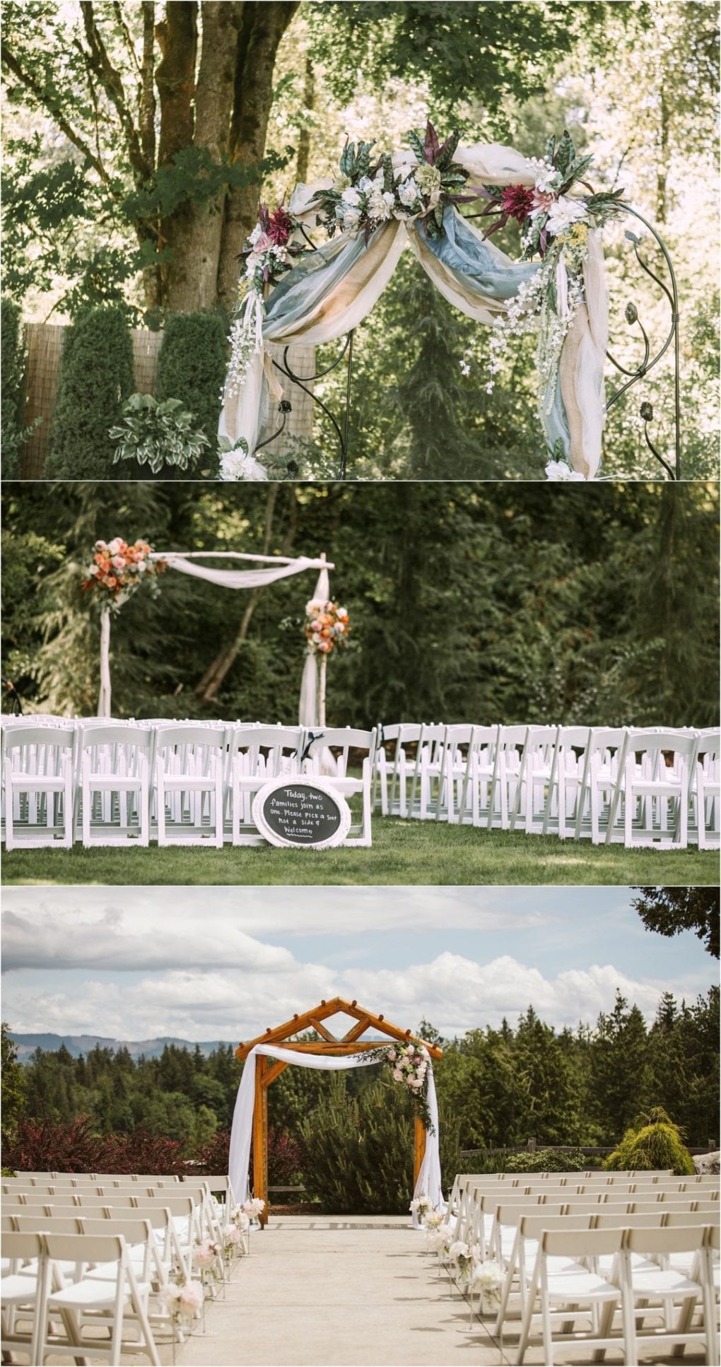 Premier snohomish & seattle wedding photographer | gsquared weddings photography three outdoor wedding ceremony setups floral arches with draped fabric stand at the aisle entrance surrounded by rows of white chairs all set in lush green scenic environmentsperfect for a snohomish seattle wedding or engagement celebration | serving snohomish seattle                   & beyond
