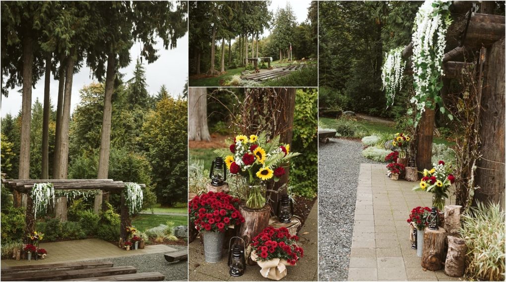 Premier snohomish & seattle wedding photographer | gsquared weddings photography collage of an outdoor rustic snohomish wedding setup with a wooden arbor hanging white flowers sunflowers red flowers in buckets vintage lanterns and tall trees in a lush green forest settingperfect for a seattle wedding engagement | serving snohomish seattle                   & beyond