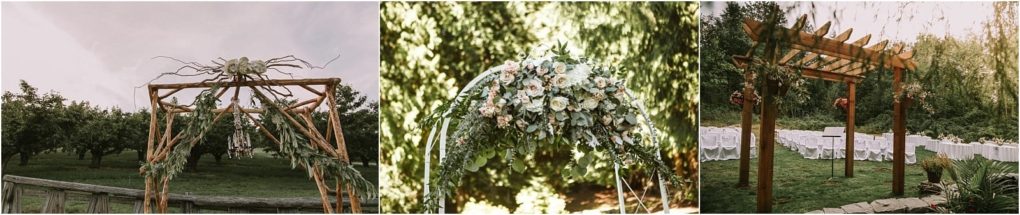 Premier snohomish & seattle wedding photographer | gsquared weddings photography three outdoor wedding arches in snohomish a rustic wooden arch with greenery a floral arch covered in white blooms and greenery and a wooden pergola near rows of white chairsall perfect for your seattle wedding or engagement in lush garden settings | serving snohomish seattle                   & beyond