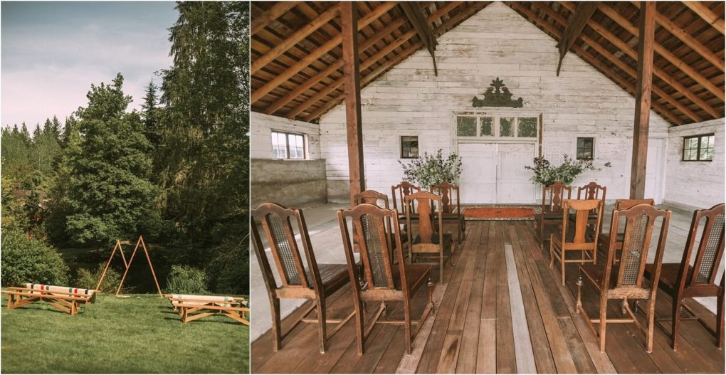 Premier snohomish & seattle wedding photographer | gsquared weddings photography split image left shows an outdoor snohomish wedding setup with wooden benches and a simple triangular arch on grass surrounded by trees Right shows a rustic indoor seattle ceremony space with wooden chairs and floors | serving snohomish seattle                   & beyond