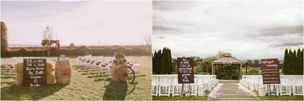 Premier snohomish & seattle wedding photographer | gsquared weddings photography two outdoor snohomish wedding ceremony setups the left has rows of white chairs on grass with signage and rustic decor while the right shows white chairs facing a wooden arbor framed by large signs and greeneryperfect for a seattle engagement celebration | serving snohomish seattle                   & beyond