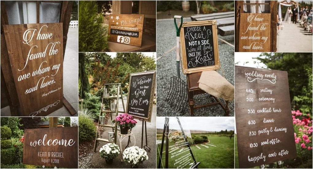 Premier snohomish & seattle wedding photographer | gsquared weddings photography a collage of rustic wooden wedding signs with white calligraphy displaying heartfelt messages seating info and event detailsperfect for a snohomish or seattle wedding engagementplaced outdoors with charming floral decorations | serving snohomish seattle                   & beyond