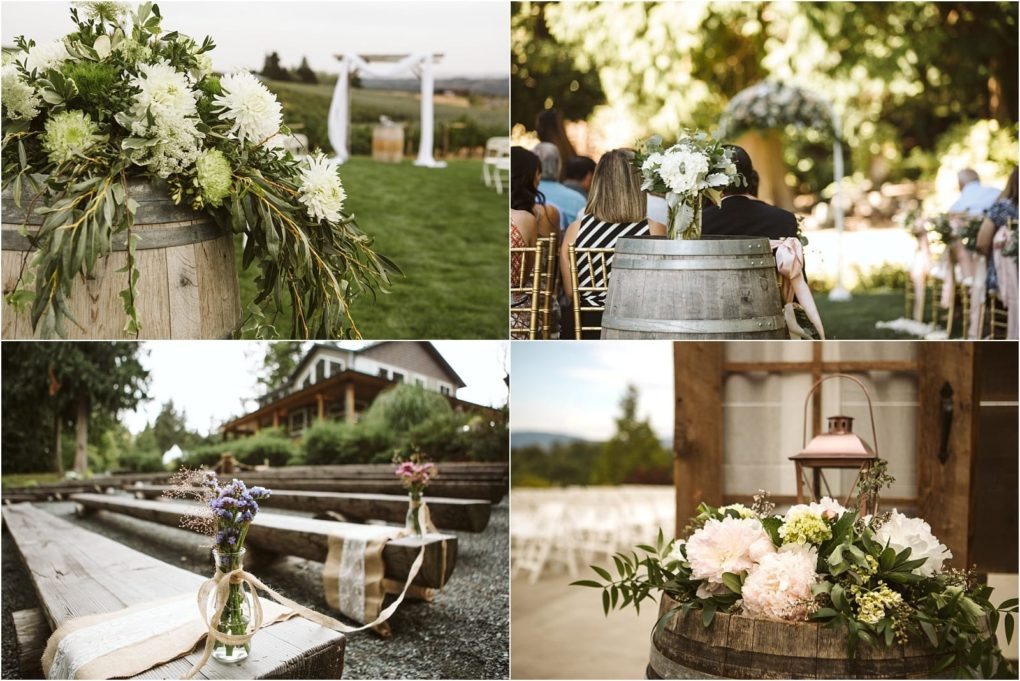 Premier snohomish & seattle wedding photographer | gsquared weddings photography four photos capture rustic snohomish wedding decor floral arrangements on wooden barrels bouquets in glass jars along benches a ceremony arch in a green field and white flowers beside seating under trees | serving snohomish seattle                   & beyond