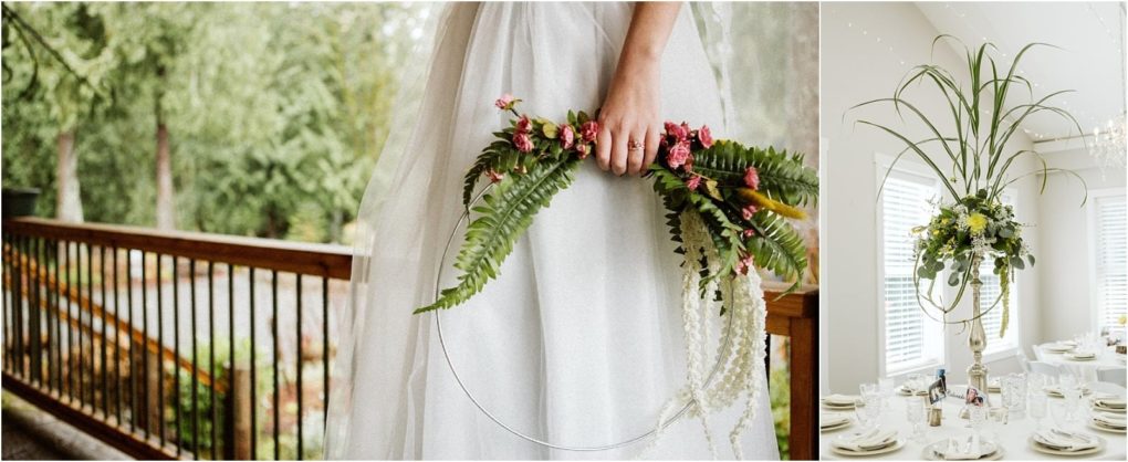 Premier snohomish & seattle wedding photographer | gsquared weddings photography a bride holds a circular floral hoop with ferns and pink flowers next to it is a tall table centerpiece with greenery and yellow flowers in a bright elegant room for a snohomish seattle wedding | serving snohomish seattle                   & beyond