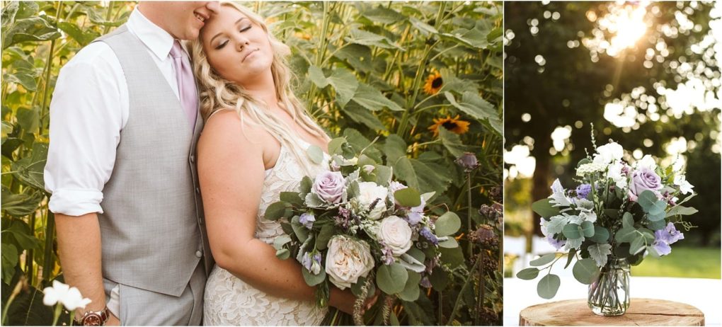 Premier snohomish & seattle wedding photographer | gsquared weddings photography a bride in a lace dress holds a bouquet of purple and white flowers while leaning against her groom in a vest and tie standing in a sunflower field during their snohomish wedding A vase of similar flowers sits on a sunlit wooden table nearby | serving snohomish seattle                   & beyond
