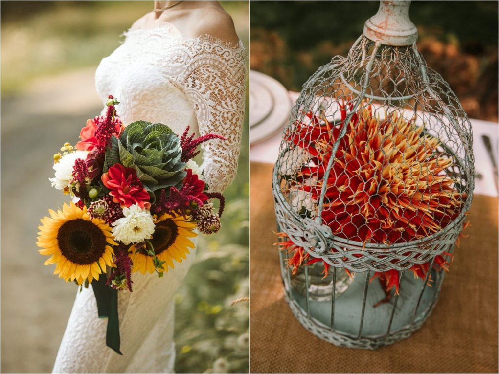 Premier snohomish & seattle wedding photographer | gsquared weddings photography a bride in a white lace dress holds a bouquet with sunflowers dahlias and succulents at her snohomish seattle wedding nearby orange and yellow flowers fill a decorative wire birdcage on a burlap tablecloth | serving snohomish seattle                   & beyond