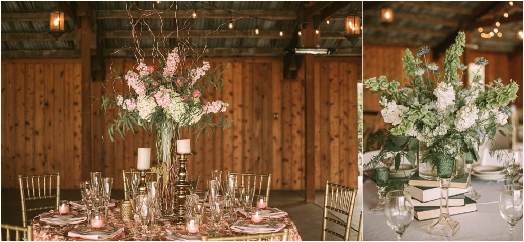 Premier snohomish & seattle wedding photographer | gsquared weddings photography a rustic snohomish wedding reception setup features elegant tables with gold chairs tall floral centerpieces with pink and white flowers candles and glassware under warm string lights inside a wooden barn | serving snohomish seattle                   & beyond