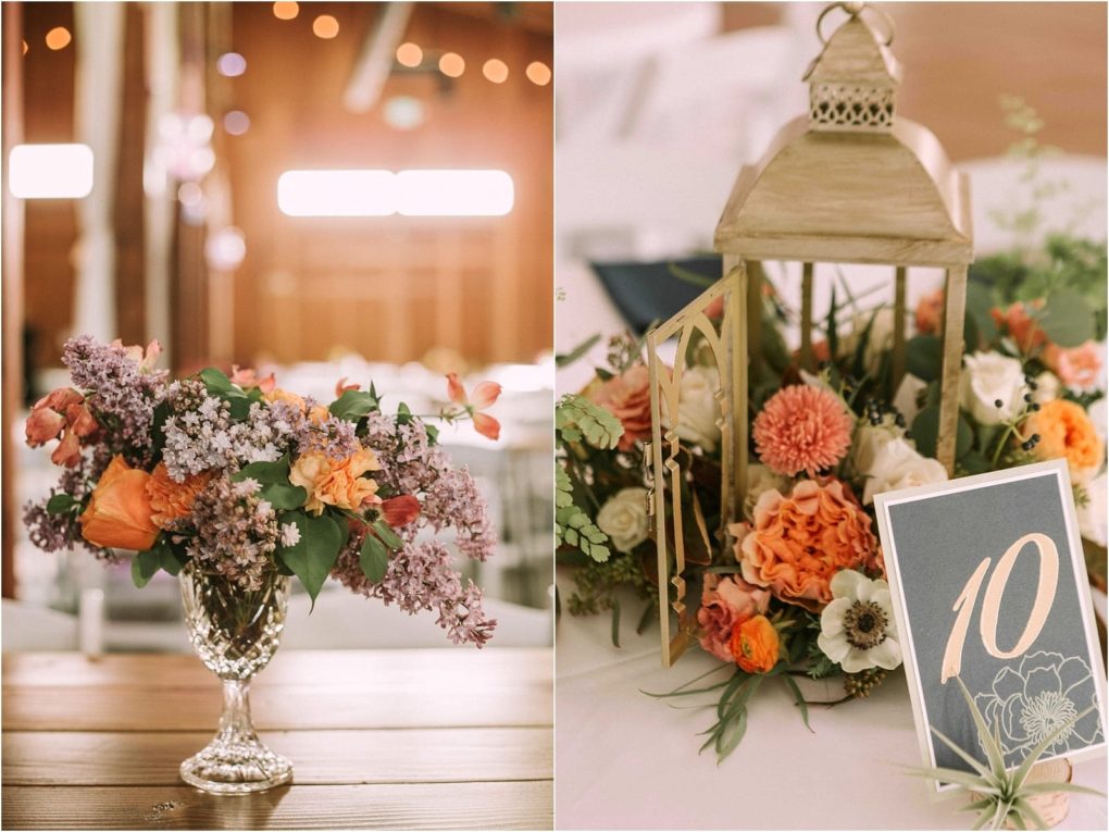 Premier snohomish & seattle wedding photographer | gsquared weddings photography two images the left shows a crystal vase with peach and purple flowers the right features a rustic lantern surrounded by orange and white blooms with a table number card displaying 10perfect for a snohomish seattle wedding or engagement | serving snohomish seattle                   & beyond
