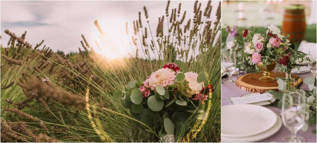 Premier snohomish & seattle wedding photographer | gsquared weddings photography a bouquet of pink red and white flowers among tall grass at sunset on the left on the right a floral centerpiece on a wood slice decorates an elegant snohomish seattle wedding or engagement table | serving snohomish seattle                   & beyond