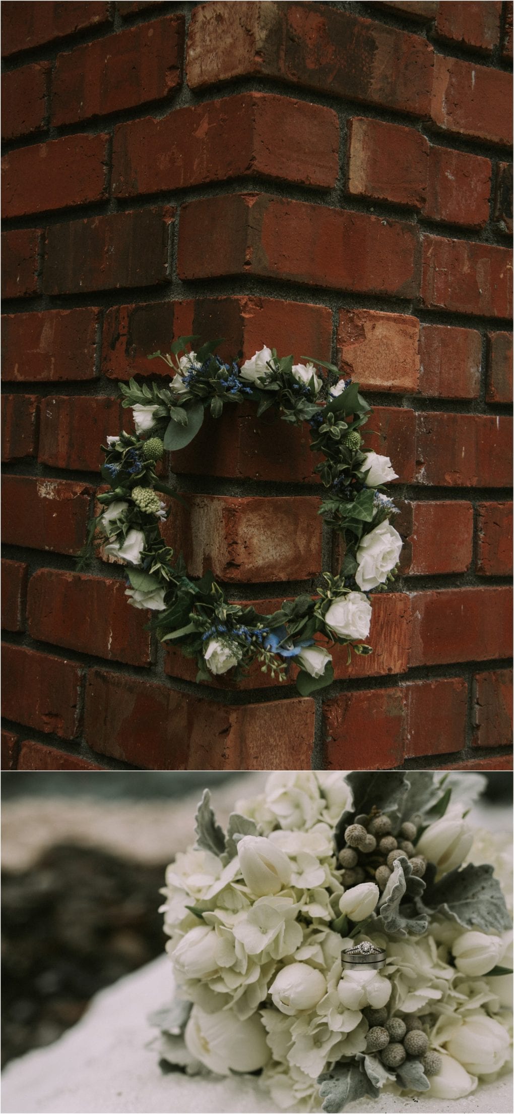 Premier snohomish & seattle wedding photographer | gsquared weddings photography a floral wreath with white and green flowers hangs on a red brick wall below a close up of a bouquet with white flowers and grey green foliage rests on a white surfaceperfect for a snohomish seattle wedding or engagement | serving snohomish seattle                   & beyond