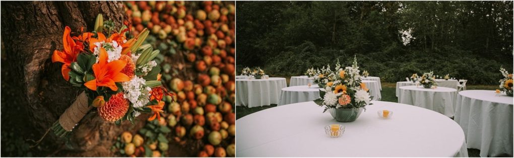 Premier snohomish & seattle wedding photographer | gsquared weddings photography a bouquet with orange lilies and other flowers rests against a tree on fallen apples nearby round tables with white cloths and floral centerpieces set the scene for a charming snohomish seattle wedding or engagement outdoors among the trees | serving snohomish seattle                   & beyond