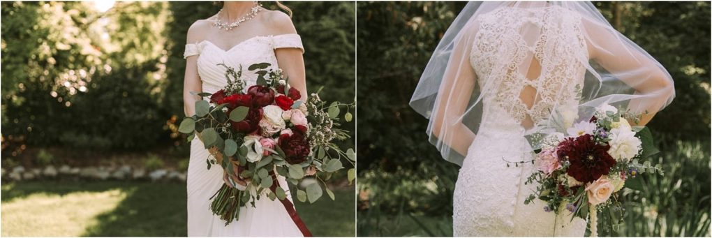 Premier snohomish & seattle wedding photographer | gsquared weddings photography side by side photos of a bride in a white dress holding a bouquet of red pink and white flowers one image shows the front the other highlights the lace detail on her dress and veil at this romantic snohomish seattle wedding | serving snohomish seattle                   & beyond