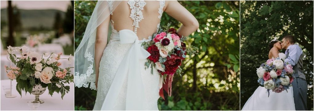 Premier snohomish & seattle wedding photographer | gsquared weddings photography a collage with a floral centerpiece a bride in a lace dress holding her bouquet and a snohomish seattle wedding couple embracing outdoors with a large bouquet | serving snohomish seattle                   & beyond
