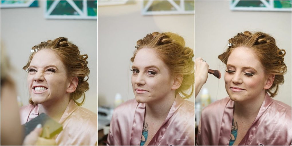 Premier snohomish & seattle wedding photographer | gsquared weddings photography a woman with curled hair in a pink robe is getting her makeup done before her snohomish wedding In three side by side photos she makes a funny face then smiles calmly and finally has makeup applied with a brush | serving snohomish seattle                   & beyond