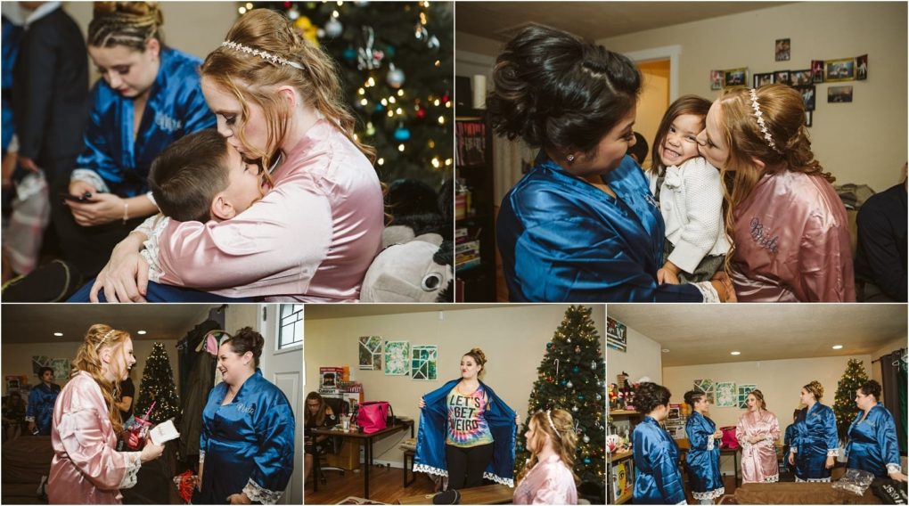 Premier snohomish & seattle wedding photographer | gsquared weddings photography a collage shows women and children in satin robes exchanging hugs gifts and smiles near a decorated christmas treea joyful scene reminiscent of snohomish seattle wedding engagement celebrations with festive decor and cherished family moments throughout | serving snohomish seattle                   & beyond
