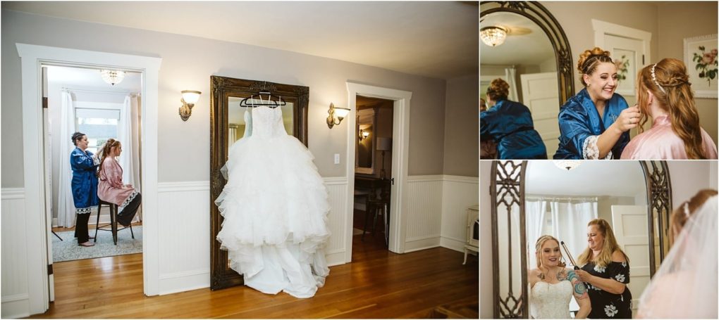 Premier snohomish & seattle wedding photographer | gsquared weddings photography a collage shows a snohomish brides wedding dress hanging on a mirror women in blue and pink robes styling hair and makeup and the bride smiling as another woman adjusts her veil in front of a mirror before her seattle wedding | serving snohomish seattle                   & beyond