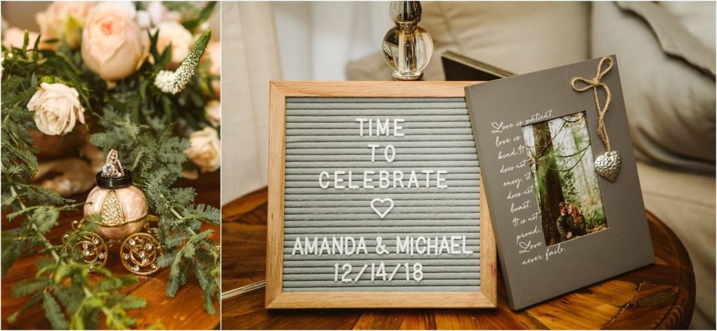 Premier snohomish & seattle wedding photographer | gsquared weddings photography a letter board on a wooden table reads time to celebrate ♥ amanda & michael 121418  next to it is a photo frame with the couples engagement picture and a heart charmperfect touches for a snohomish or seattle wedding Flowers and a carriage complete the scene | serving snohomish seattle                   & beyond