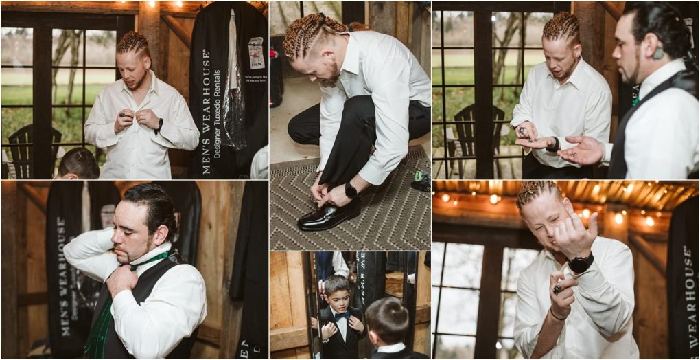 Premier snohomish & seattle wedding photographer | gsquared weddings photography a collage of men getting dressed for a snohomish seattle wedding tying ties adjusting cufflinks and watches in a rustic room with a mens wearhouse garment bag One man assists a boy with his tie capturing a heartfelt engagement moment | serving snohomish seattle                   & beyond