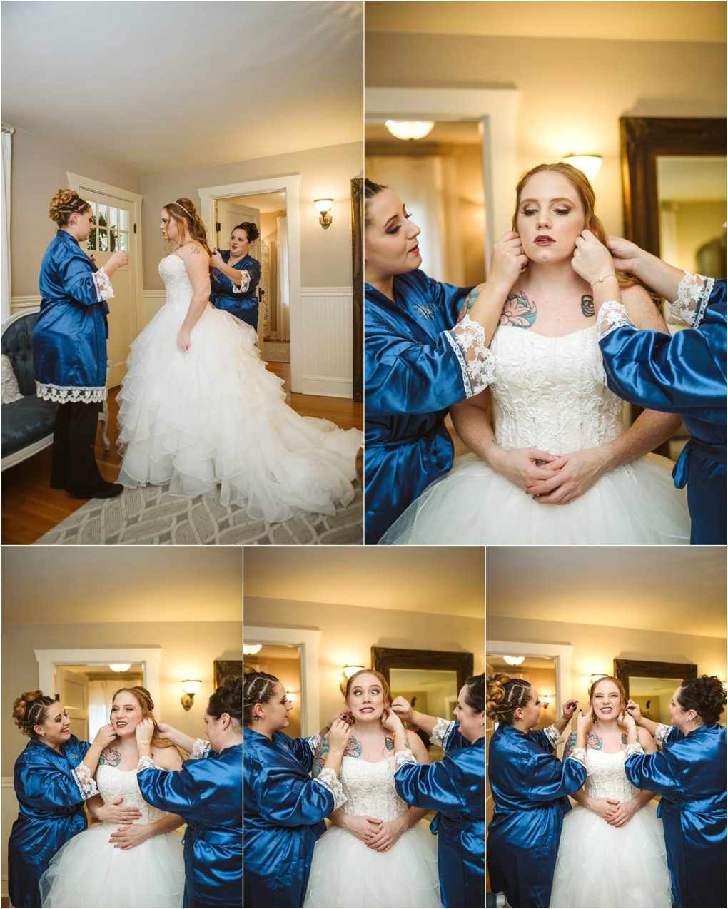 Premier snohomish & seattle wedding photographer | gsquared weddings photography a bride in a white gown is being helped by two women in matching blue robes as they adjust her earrings and hair in a warmly lit room This snohomish seattle wedding moment captures the women smiling and working together | serving snohomish seattle                   & beyond