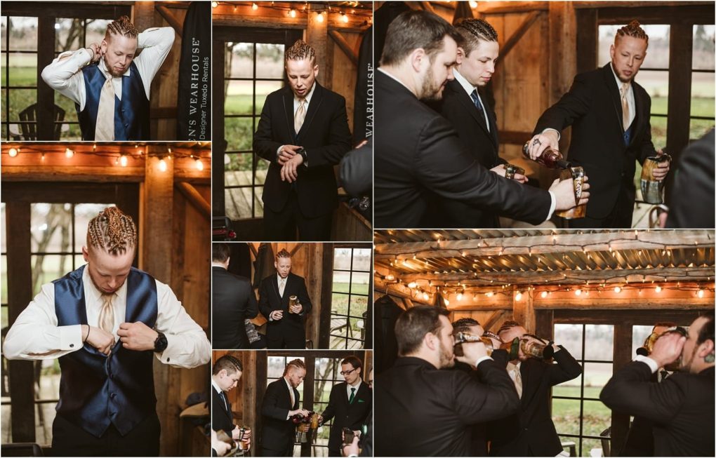 Premier snohomish & seattle wedding photographer | gsquared weddings photography a collage captures men in suits preparing for a snohomish seattle wedding adjusting cuffs buttoning vests and sharing whiskey together in a rustic room with string lights and large windows before the engagement celebration | serving snohomish seattle                   & beyond