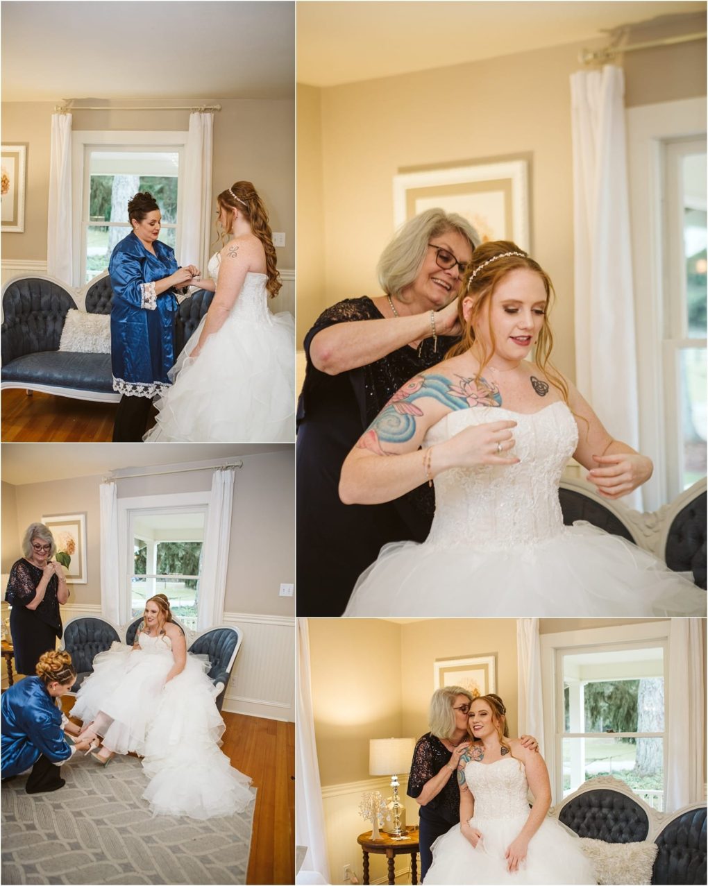 Premier snohomish & seattle wedding photographer | gsquared weddings photography a bride in a white gown is helped by two older women as she gets ready for her snohomish wedding adjusting her dress jewelry and shoes in a bright elegant room with large windows and light colored furnishings | serving snohomish seattle                   & beyond