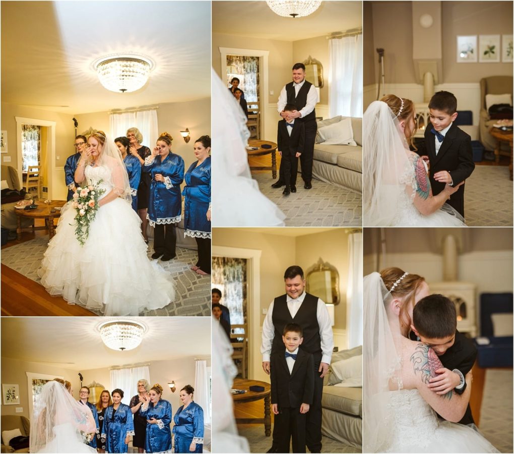 Premier snohomish & seattle wedding photographer | gsquared weddings photography a collage of snohomish seattle wedding preparation photos shows a bride in a white gown and veil bridesmaids in blue robes a groom in a vest and a young boy in a suit sharing joyful and emotional moments inside a warmly lit room | serving snohomish seattle                   & beyond