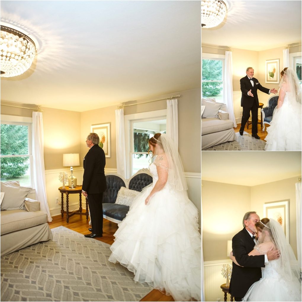 Premier snohomish & seattle wedding photographer | gsquared weddings photography a bride in a white wedding dress surprises her father inside a cozy well lit living room during their snohomish seattle wedding They share an emotional first look and embrace surrounded by elegant furnishings | serving snohomish seattle                   & beyond