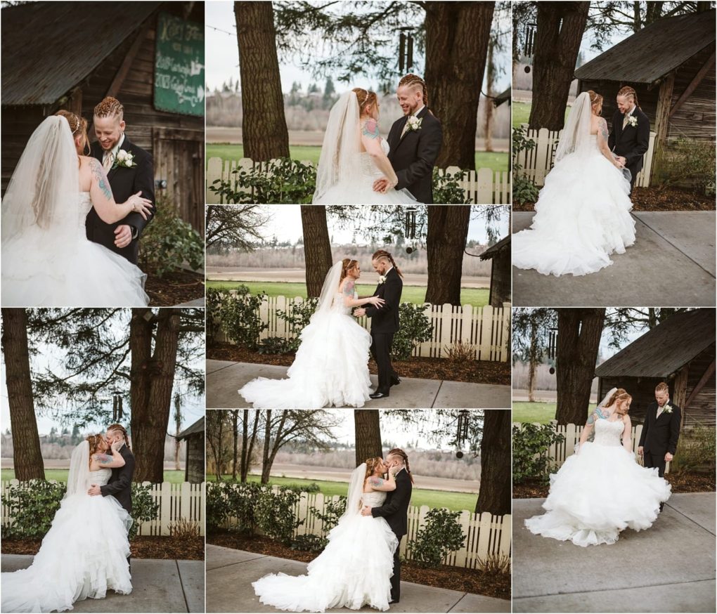 Premier snohomish & seattle wedding photographer | gsquared weddings photography a bride and groom in wedding attire share joyful moments outdoors during their snohomish seattle wedding They smile laugh embrace and hold hands near trees a white picket fence and rustic buildings on a cloudy day | serving snohomish seattle                   & beyond