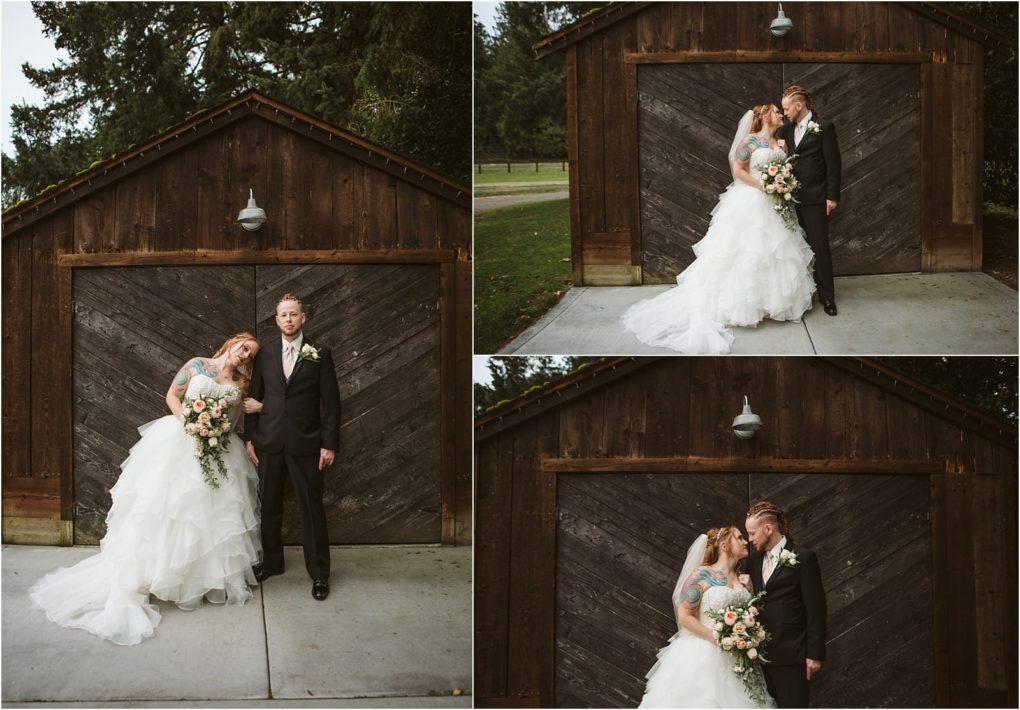 Premier snohomish & seattle wedding photographer | gsquared weddings photography a bride in a white gown and a groom in a black suit pose together in front of a rustic wooden shed smiling and embracing on their snohomish wedding day near seattle | serving snohomish seattle                   & beyond