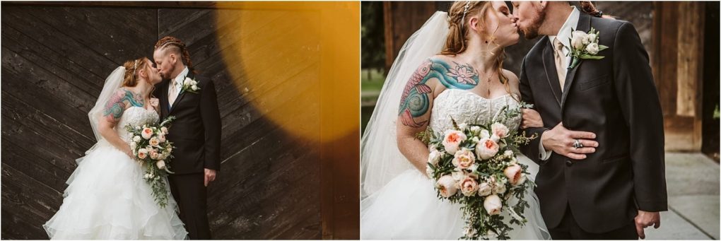 Premier snohomish & seattle wedding photographer | gsquared weddings photography a bride and groom kiss on their snohomish wedding day The bride wears a white gown veil and holds a bouquet of peach roses The groom is in a black suit with a boutonnière Both have visible tattoos | serving snohomish seattle                   & beyond
