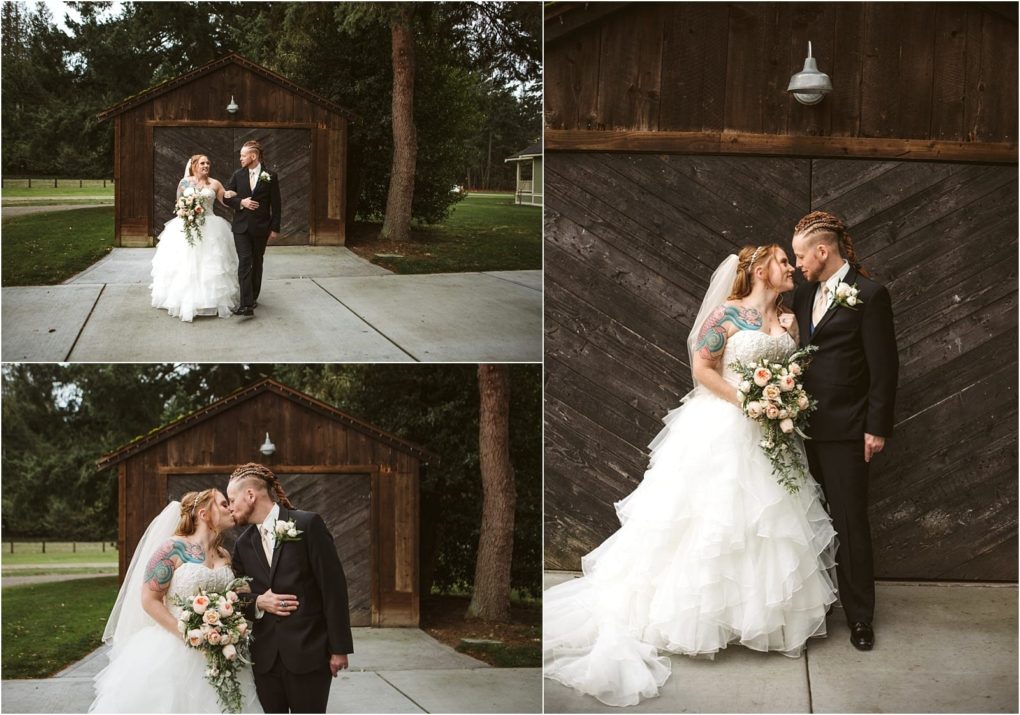 Premier snohomish & seattle wedding photographer | gsquared weddings photography a bride and groom share a kiss in front of a rustic snohomish barn holding hands and smiling Surrounded by trees and grass the scene captures a romantic moment from their seattle wedding engagement | serving snohomish seattle                   & beyond