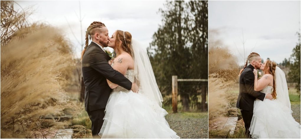 Premier snohomish & seattle wedding photographer | gsquared weddings photography a bride and groom embrace and kiss outdoors on their snohomish wedding day surrounded by tall grasses with trees and a cloudy seattle sky in the background | serving snohomish seattle                   & beyond