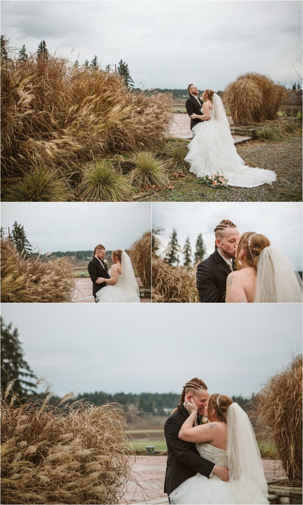 Premier snohomish & seattle wedding photographer | gsquared weddings photography a bride and groom share joyful intimate moments outdoors on their snohomish wedding day surrounded by tall golden grass and a scenic cloudy landscape near seattle | serving snohomish seattle                   & beyond