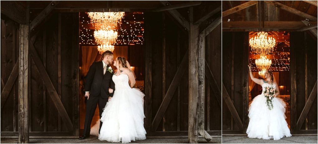 Premier snohomish & seattle wedding photographer | gsquared weddings photography a bride and groom share a kiss under a sparkling chandelier in a rustic wooden barn at their snohomish seattle wedding next to them the bride stands alone holding her bouquet and looking up at the chandelier | serving snohomish seattle                   & beyond